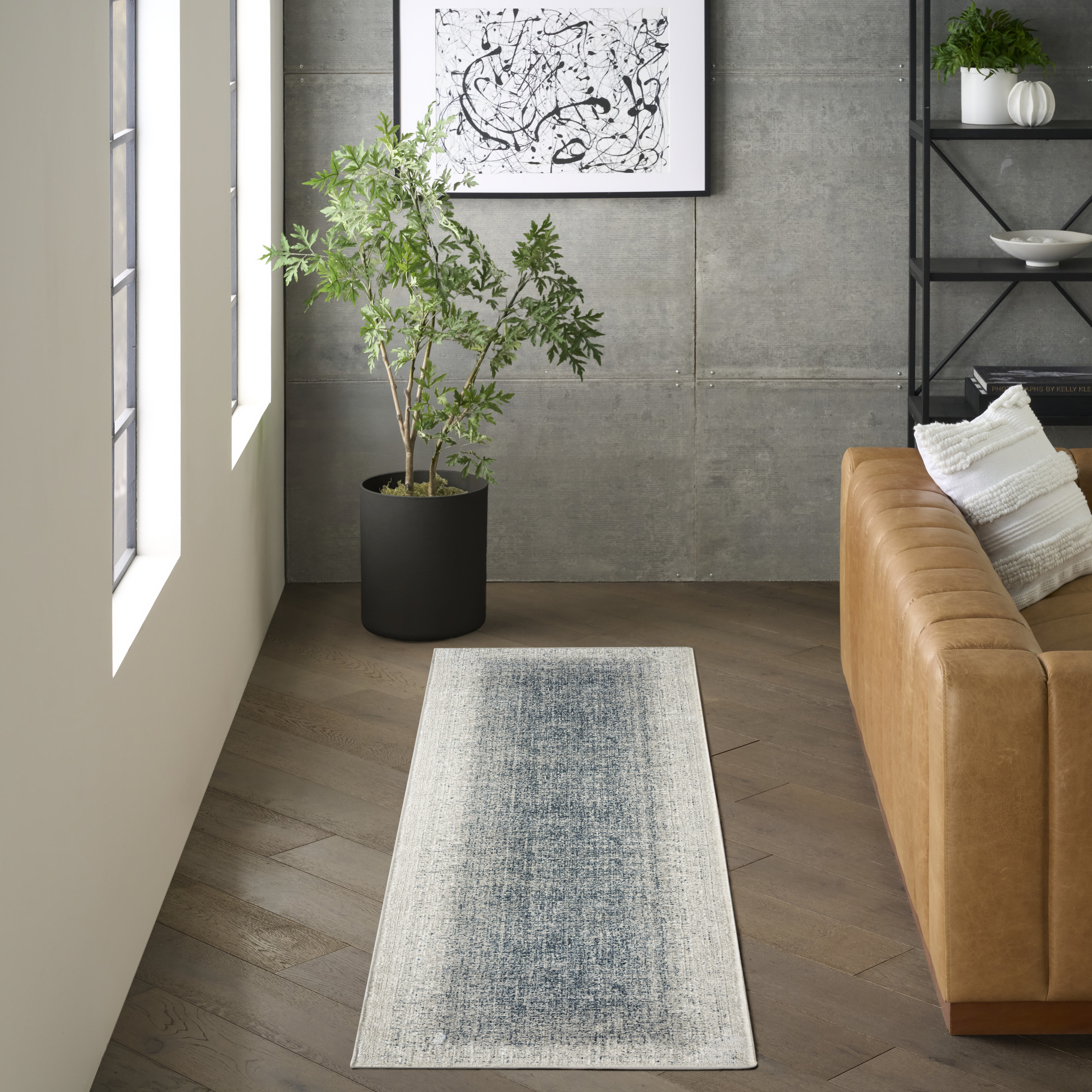 DKNY Grand Street 2'2" x 10' Ivory Blue Modern Indoor Rug