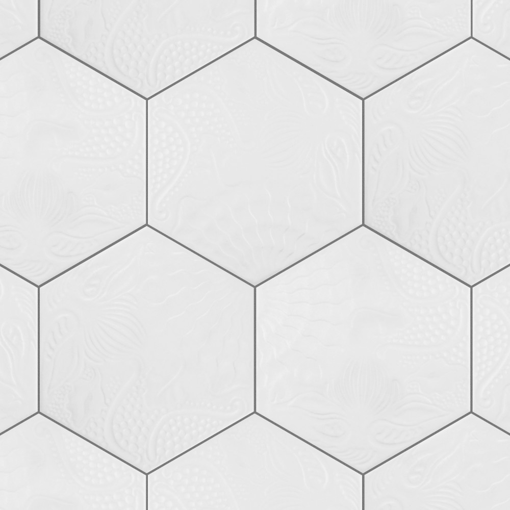 Gaudi Hex White 8.63x9.88 Hexagon Porcelain Floor and Wall Digital Pattern