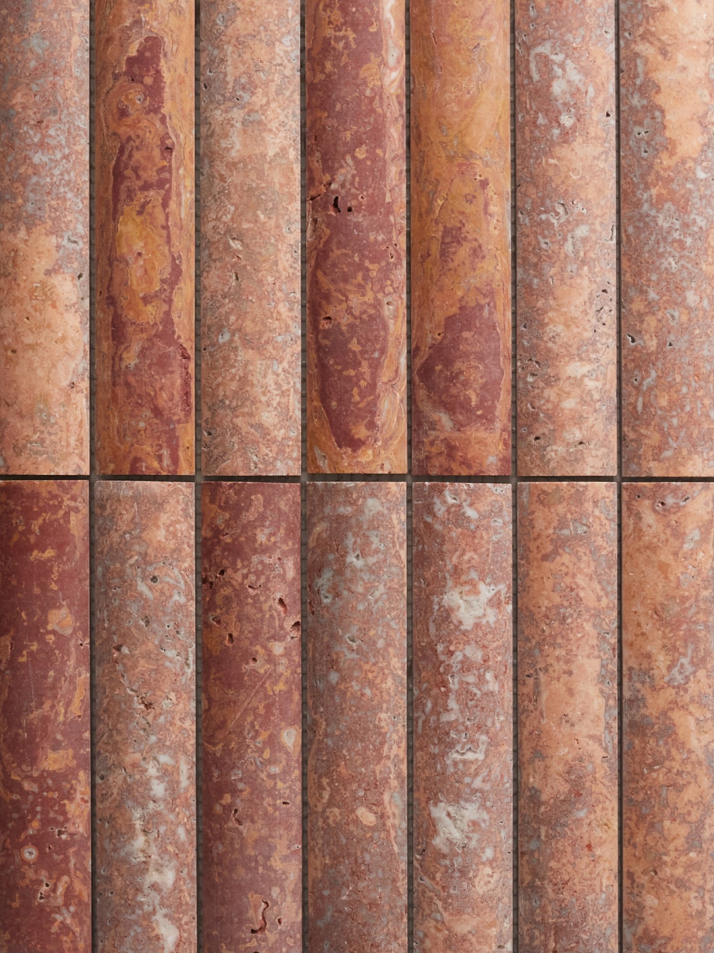 a row of red and brown tiles.