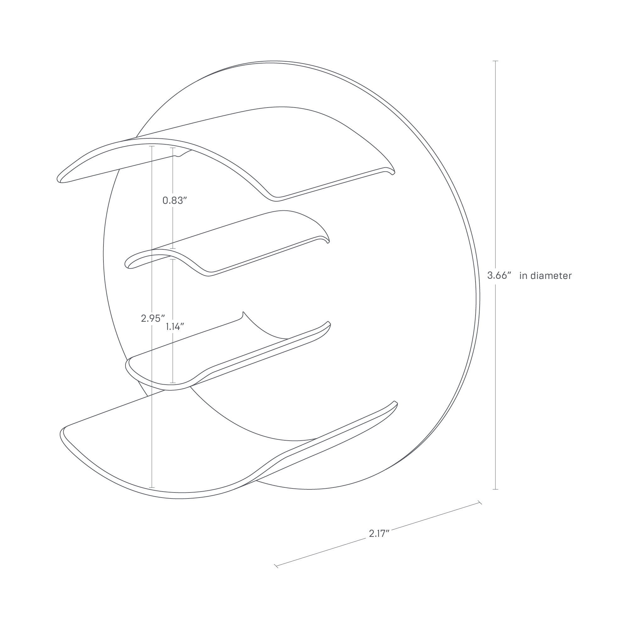 The image shows a magnetic tape holder with a diameter of 3.66", depth of 2.17", and height of 2.95". Each curved slot is 0.83" high and 1.14" apart. The unit has three staggered arms for organizing tape rolls.
