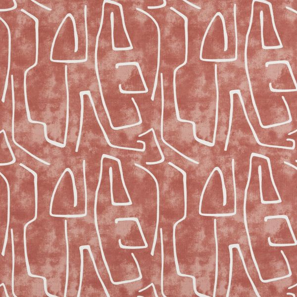 Abstract patterned wallpaper of white, irregular outline shapes repeating across a distressed terracotta background, covering a flat interior wall; modern decorative motif with muted, even lighting.