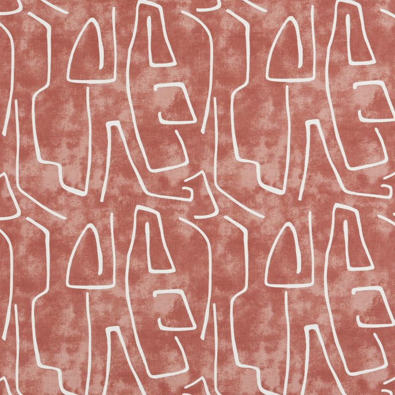Abstract patterned wallpaper of white, irregular outline shapes repeating across a distressed terracotta background, covering a flat interior wall; modern decorative motif with muted, even lighting.