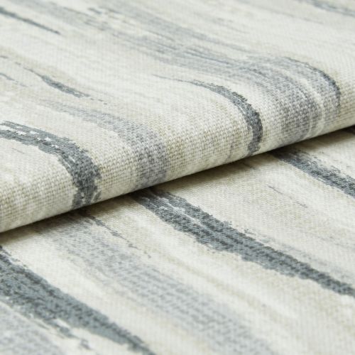 Off-white woven fabric with irregular gray horizontal brushstroke pattern; folded over itself showing textured weave; close-up studio view with soft, diffuse lighting.