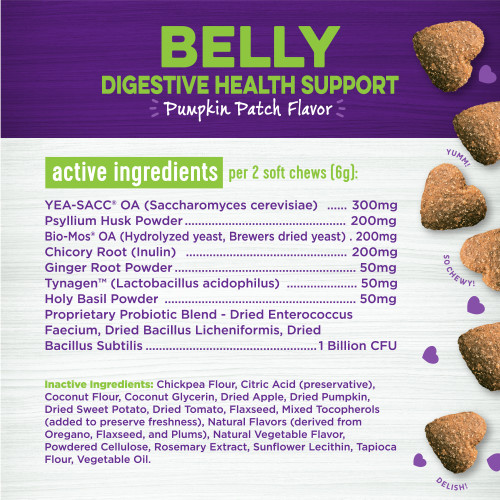 <p>Active Ingredients:<br />
YEA-SACC® OA (Saccharomyces cerevisiae), Psyllium Husk Powder, Bio-Mos® OA (Hydrolyzed yeast, Brewers dried yeast), Chicory Root (Inulin), Ginger Root Powder, Tynagen™ (Lactobacillus acidophilus), Holy Basil Powder, Proprietary Probiotic Blend – Dried Enterococcus Faecium, Dried Bacillus Licheniformis, Dried Bacillus Subtilis</p>
<p>Inactive Ingredients:<br />
Chickpea Flour, Citric Acid (preservative), Coconut Flour, Coconut Glycerin, Dried Apple, Dried Pumpkin, Dried Sweet Potato, Dried Tomato, Flaxseed, Mixed Tocopherols (added to preserve freshness), Natural Flavors (derived from Oregano, Flaxseed, and Plums), Natural Vegetable Flavor, Powdered Cellulose, Rosemary Extract, Sunflower Lecithin, Tapioca Flour, Vegetable Oil.</p>
<p>Active Ingredients per 2 Soft Chews (6 g):<br />
YEA-SACC® OA (Saccharomyces cerevisiae)				300mg<br />
Psyllium Husk Powder				                                                200mg<br />
Bio-Mos® OA (Hydrolyzed yeast, Brewers dried yeast)			200mg<br />
Chicory Root (Inulin)				                                                200mg<br />
Ginger Root Powder				                                                50mg<br />
Tynagen™ (Lactobacillus acidophilus)                                  		     50mg<br />
Holy Basil Powder				                                                50mg<br />
Proprietary Probiotic Blend – Dried Enterococcus Faecium, Dried Bacillus Licheniformis, Dried Bacillus Subtilis		1 Billion CFU</p>
