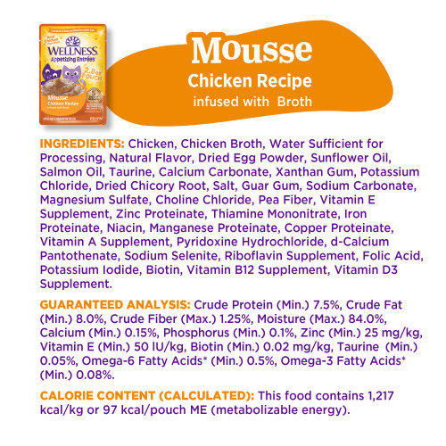 <p>Chicken, Chicken Broth, Water Sufficient for Processing, Natural Flavor, Dried Egg Powder, Sunflower Oil, Salmon Oil, Taurine, Calcium Carbonate, Xanthan Gum, Potassium Chloride, Dried Chicory Root, Salt, Guar Gum, Sodium Carbonate, Magnesium Sulfate, Choline Chloride, Pea Fiber, Vitamin E Supplement, Zinc Proteinate, Thiamine Mononitrate, Iron Proteinate, Niacin, Manganese Proteinate, Copper Proteinate, Vitamin A Supplement, Pyridoxine Hydrochloride, d-Calcium Pantothenate, Sodium Selenite, Riboflavin Supplement, Folic Acid, Potassium Iodide, Biotin, Vitamin B12 Supplement, Vitamin D3 Supplement.									</p>
