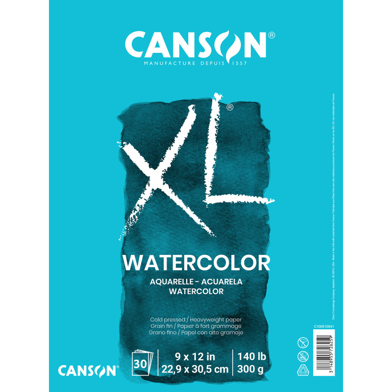 XL Series Watercolor Pad, Heavyweight White Paper, Foldover Binding, 30 Sheets, 9x12 inch