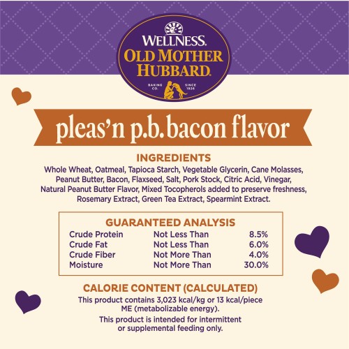 <p>Whole Wheat, Oatmeal, Tapioca Starch, Vegetable Glycerin, Cane Molasses, Peanut Butter, Bacon, Flaxseed, Salt, Pork Stock, Citric Acid, Vinegar, Natural Peanut Butter Flavor, Mixed Tocopherols added to preserve freshness, Rosemary Extract, Green Tea Extract, Spearmint Extract.									</p>
