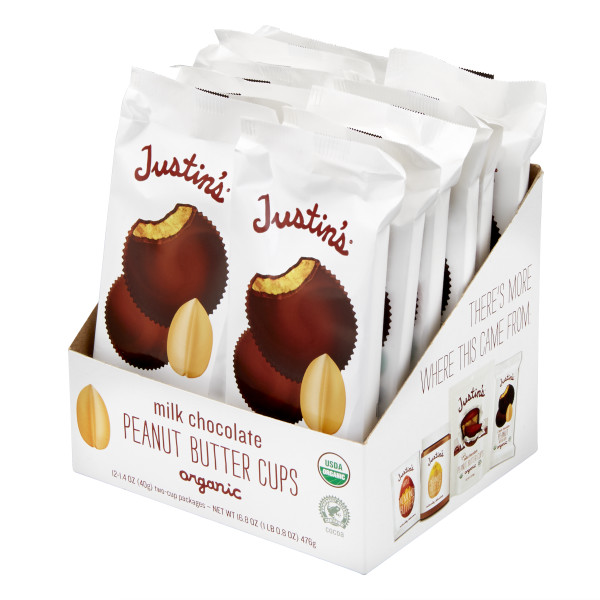 JUSTIN'S Milk Chocolate Peanut Butter Cup Stand Up Caddy . C1RP - Front Right Pallet/Display (Hi Res)