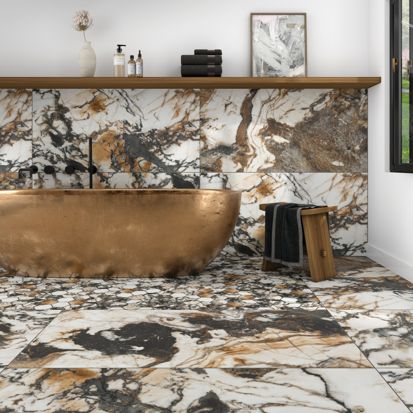 Foyer Contrast Matte 24x48 and Hexagon Mosaic