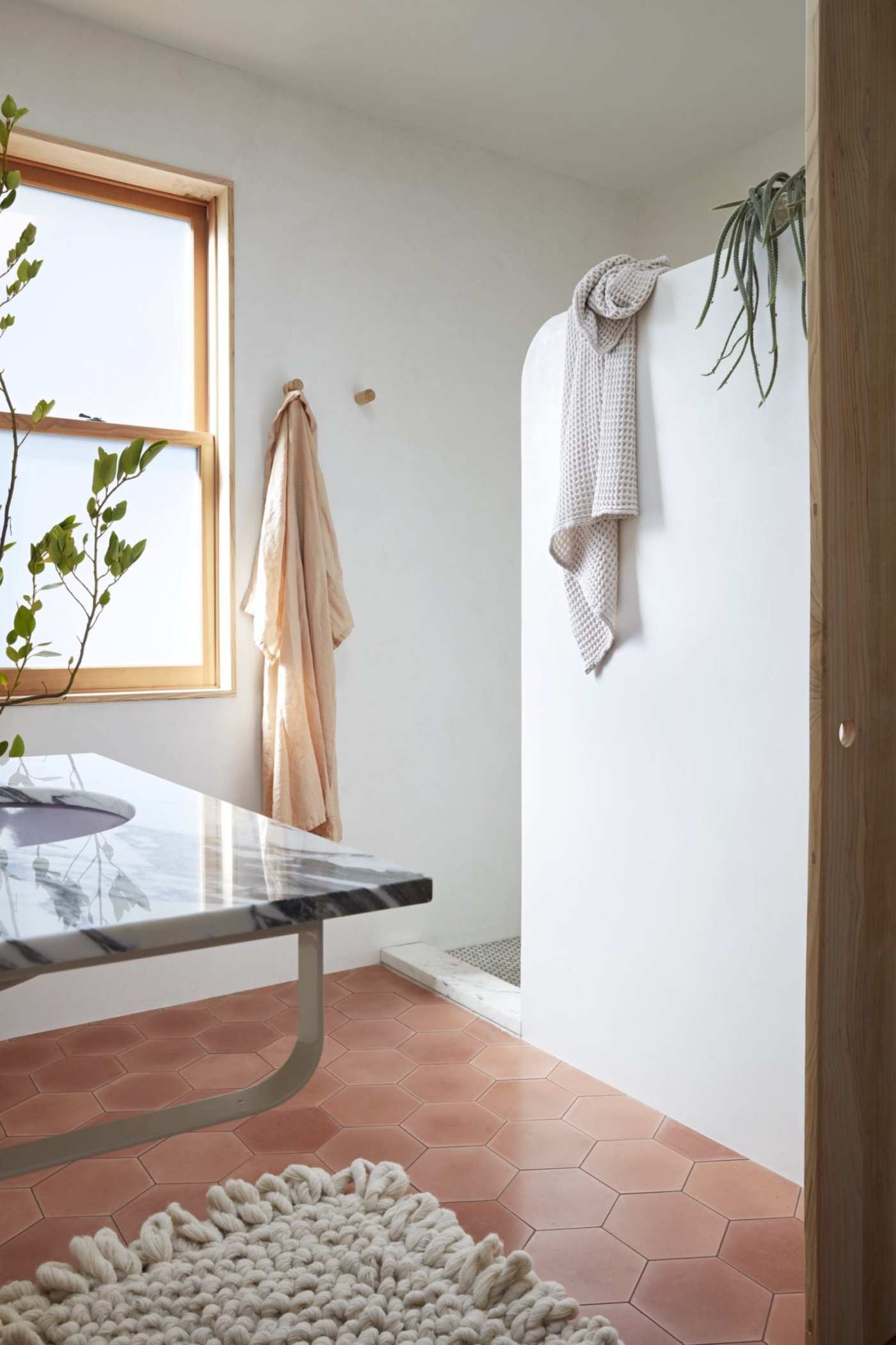 a bathroom with a window and a plant on a table.
