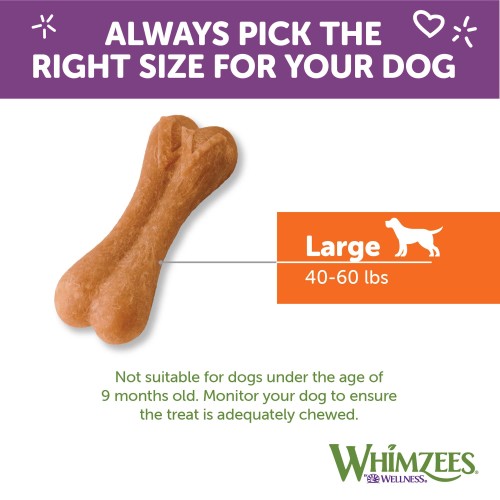 <p>WHIMZEES is intended for intermittent or supplemental feeding only<br />
We recommend one properly sized treat per day<br />
Not suitable for dogs under the age of 9 months.<br />
Suitable only for dogs between 25 and 60 lbs.<br />
Always have fresh water available for your dog.<br />
As with any edible product, monitor your dog to ensure the treat is adequately chewed. Swallowing any item without thoroughly chewing it may be harmful or even fatal to a dog.</p>
