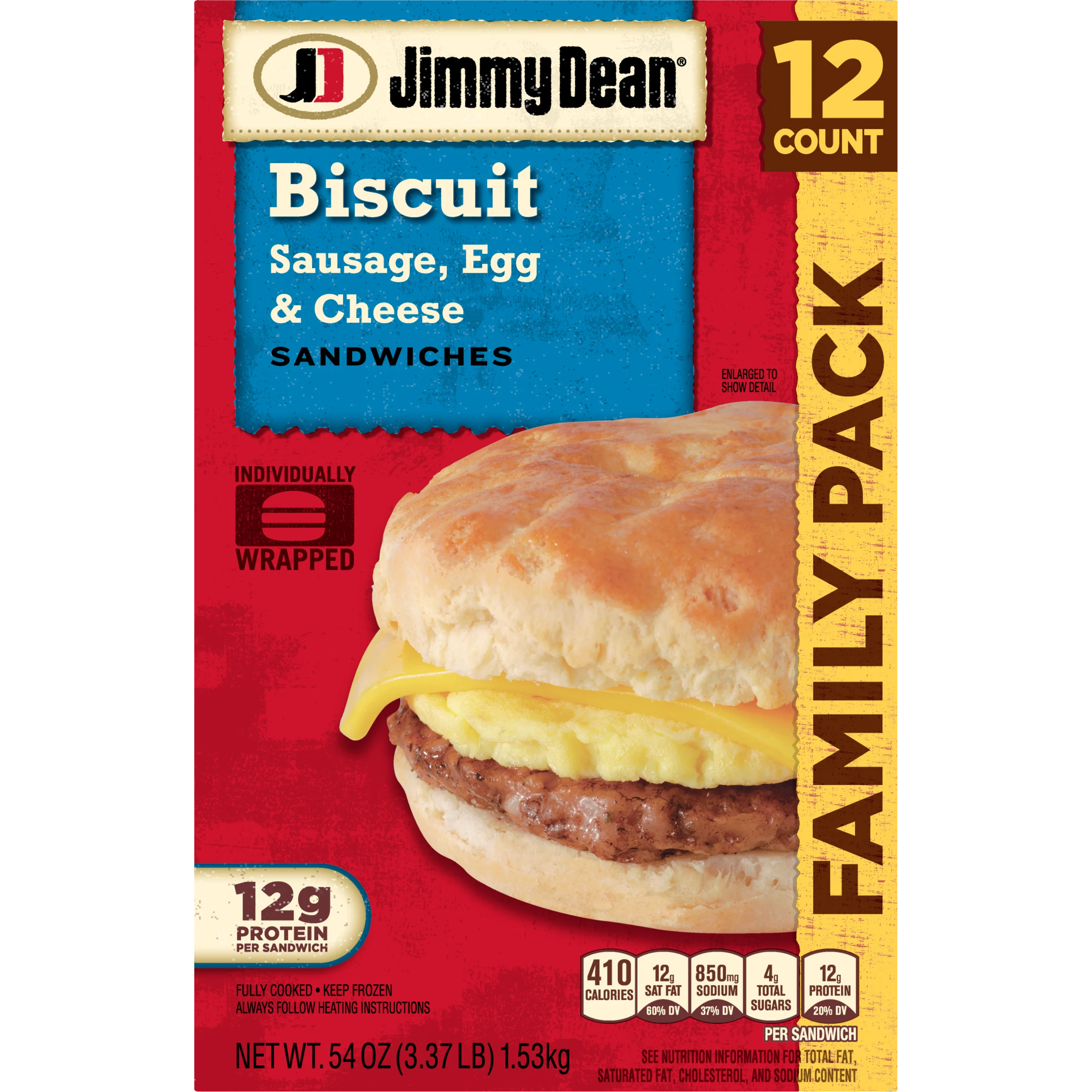 Jimmy Dean Biscuit Breakfast Sandwiches with Sausage, Egg, and Cheese, Frozen, 12 Count