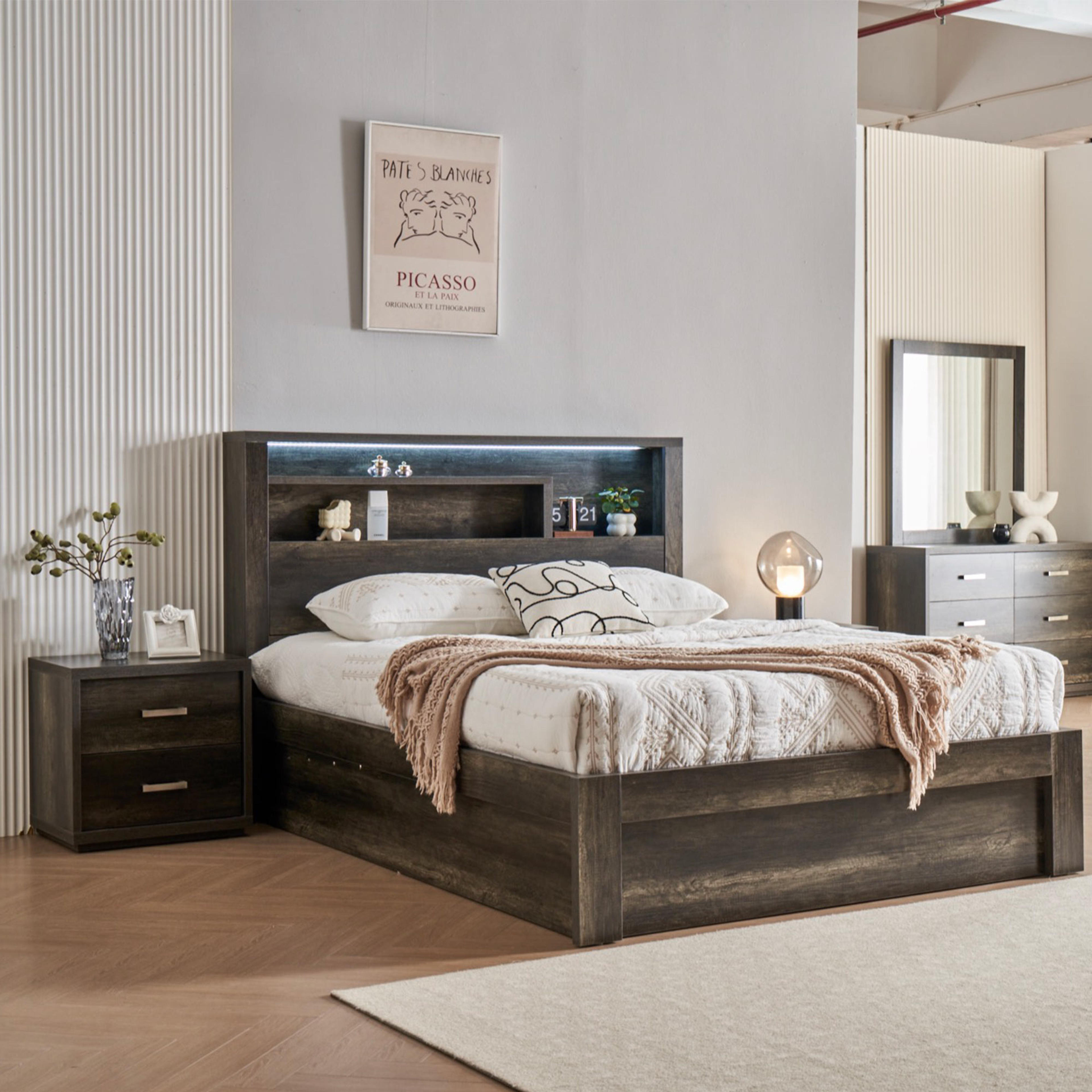 Lifestyle image of the  Bellevue Bed Frame, Front Slat Gas Lift Base, Charcoal from Forty Winks