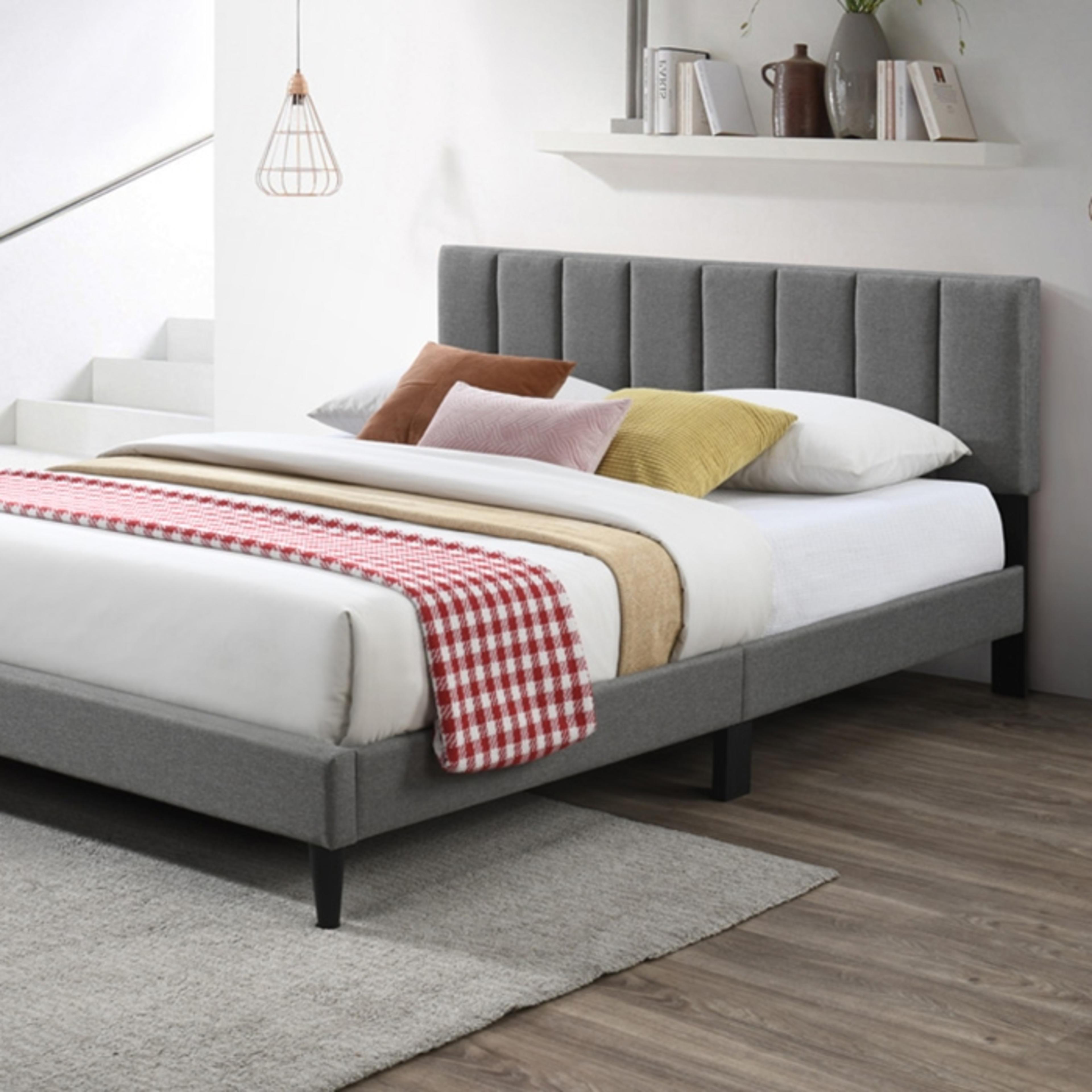 Lifestyle image of the Lane Bed Frame, W/ Channelled Headboard, Light Grey from Forty Winks