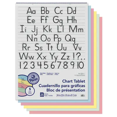 Pacon  Colored Paper Chart Tablet, 5 Assorted Colors, Manuscript Cover, 1-1/2 in ruled 24