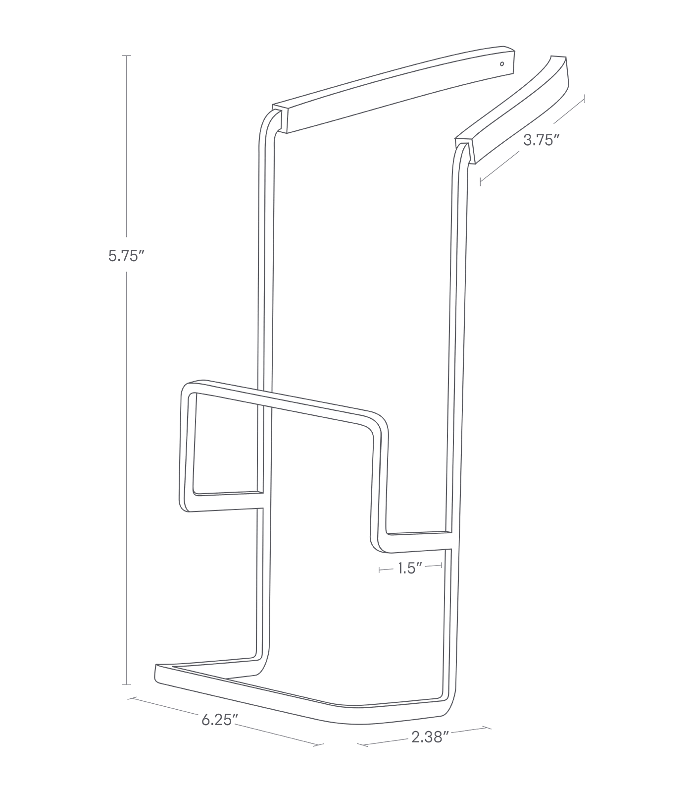 Dimension image for Faucet-Hanging Sponge Holder showing total height of 5.75 inches, length of 2.38 inches, width of 6.25 inches, 1.5 inches of the sponge holder depth and 3.75 inches of th labber parts