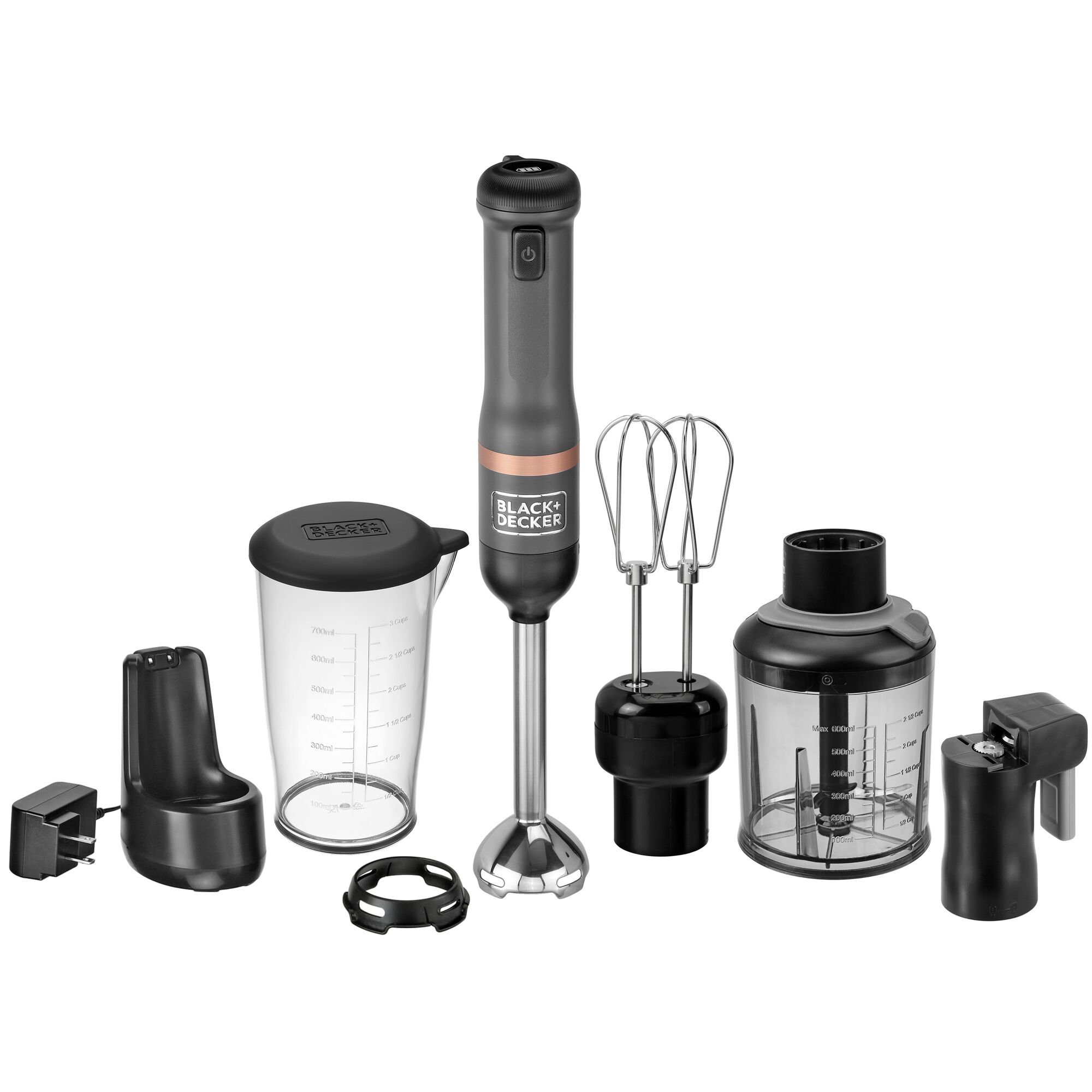 Front view of BLACK+DECKER kitchen wand 3in1 Cordless Kitchen multi-tool kit in grey featuring immersion blender, hand mixer, can opener and food chopper atachments