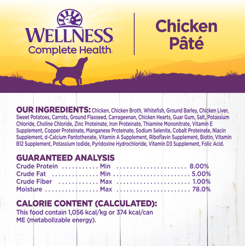 <p>Chicken, Chicken Broth, Whitefish, Ground Barley, Chicken Liver, Sweet Potatoes, Carrots, Carrageenan, Chicken Heart, Ground Flaxseed, Dried Plain Beet Pulp, Guar Gum, Fish Oil (Preserved With Mixed Tocopherols), Salt, Potassium Chloride, Dried Chicory Root, Sunflower Oil, Choline Chloride, Zinc Proteinate, Iron Proteinate, Thiamine Mononitrate, Tricalcium Phosphate, Vitamin E Supplement, Copper Proteinate, Cobalt Proteinate, Manganese Proteinate, Sodium Selenite, Niacin Supplement, d-Calcium Pantothenate, Vitamin A Supplement, Riboflavin Supplement, Biotin, Vitamin B12 Supplement, Potassium Iodide, Pyridoxine Hydrochloride, Vitamin D3 Supplement, Folic Acid.</p>
