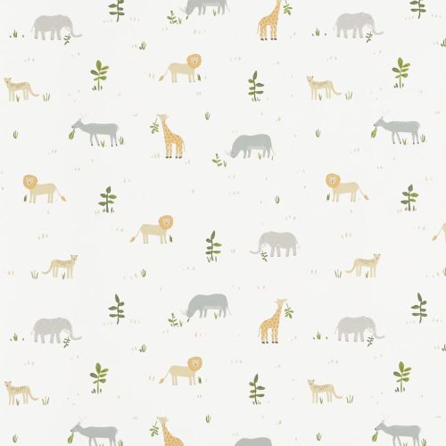 Wallpaper patterned with small stylized animals (lions, giraffes, elephants, rhinos, cheetahs, antelopes) — animals stand or graze across the surface — soft white background with muted pastel plants.