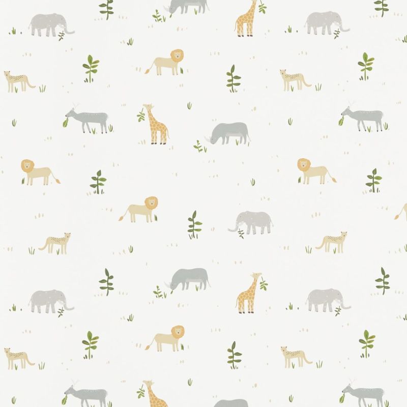 Wallpaper patterned with small stylized animals (lions, giraffes, elephants, rhinos, cheetahs, antelopes) â€” animals stand or graze across the surface â€” soft white background with muted pastel plants.