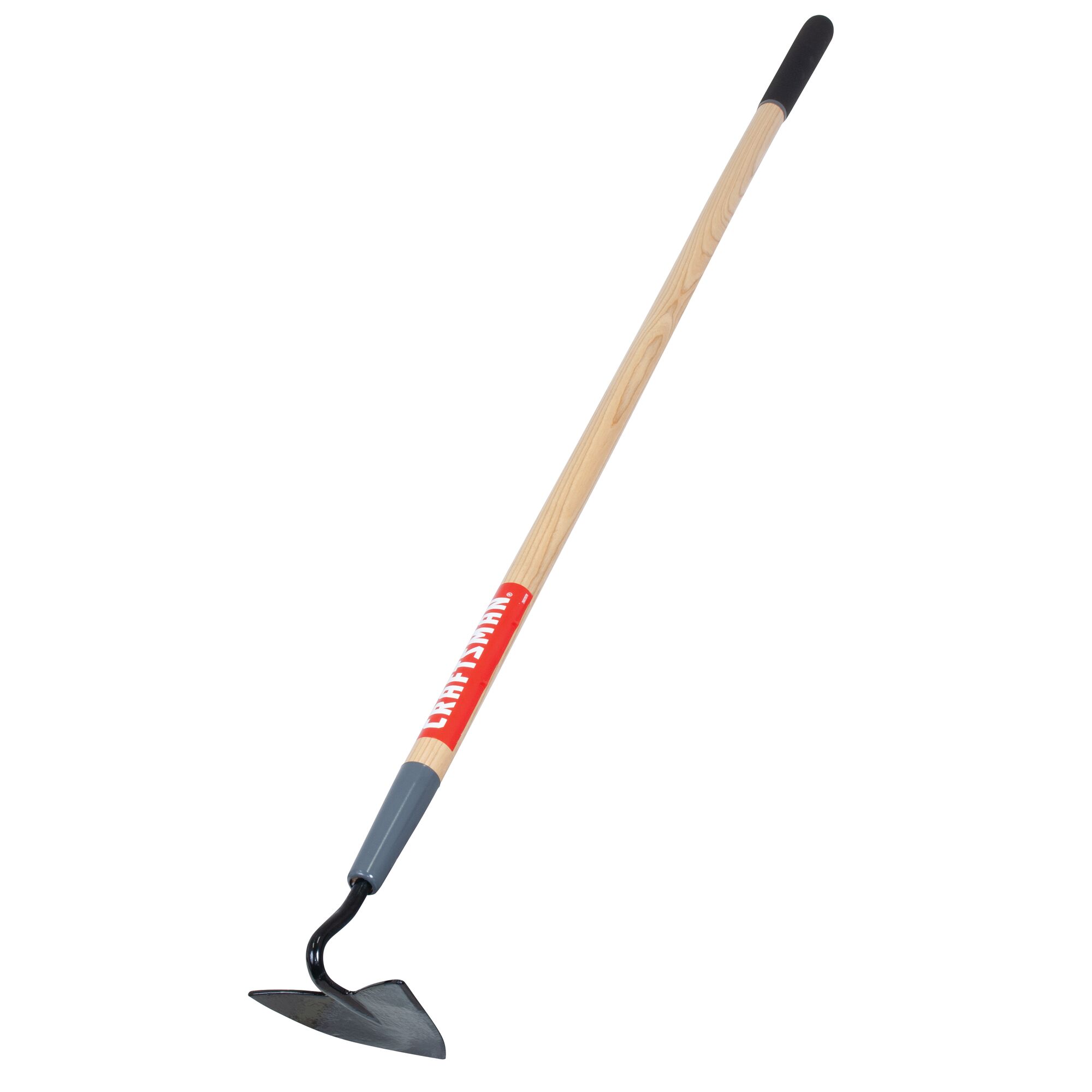Right profile of wood handle planting hoe.