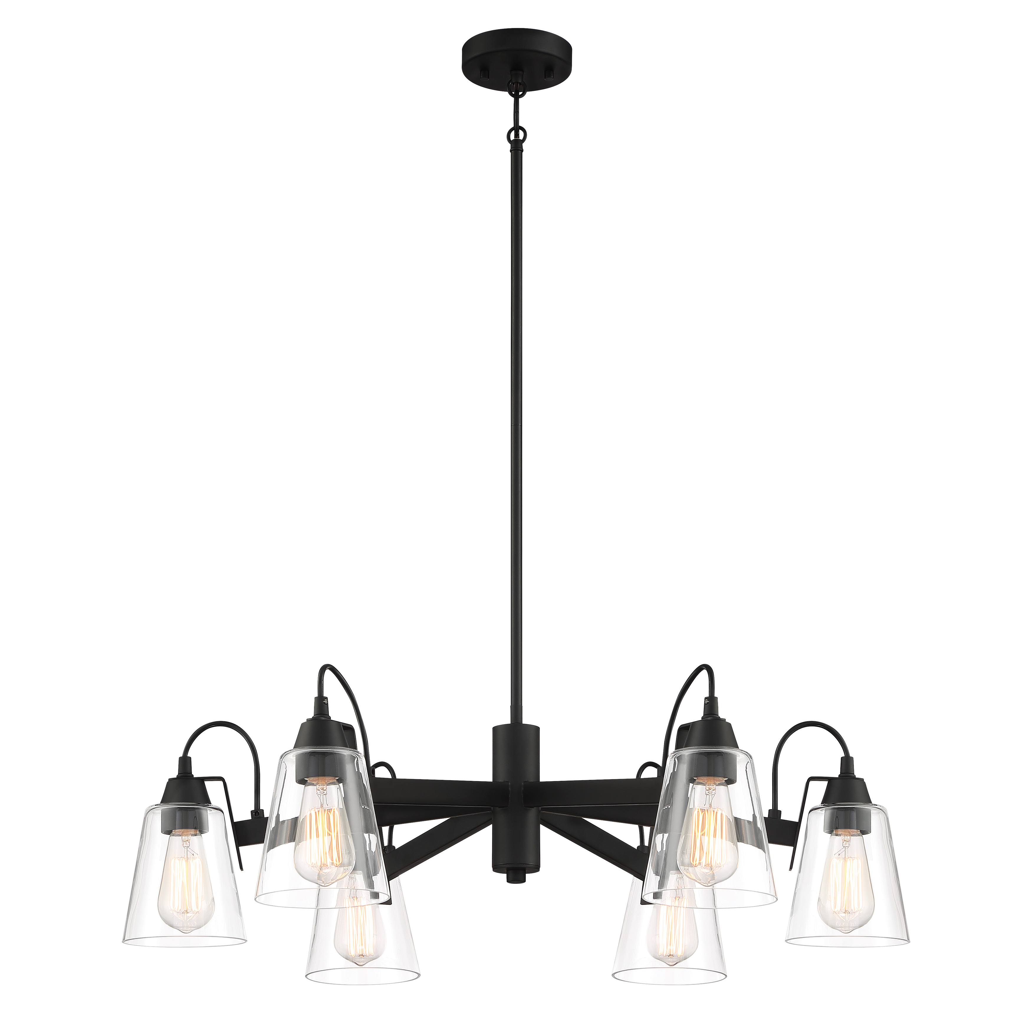 The Beckonridge 6-Light Chandelier combines transitional elegance with industrial character through its coal black finish and clear glass shades. Its 32-inch width makes it perfectly sized for medium dining rooms and kitchen islands. - alternate view