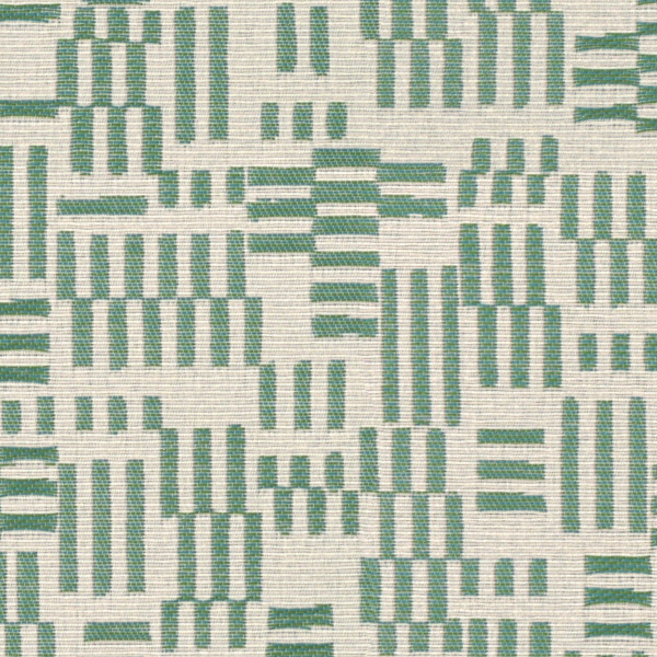 Geometric pattern of short green rectangular bars arranged in staggered grid clusters across a beige, woven-texture fabric background.