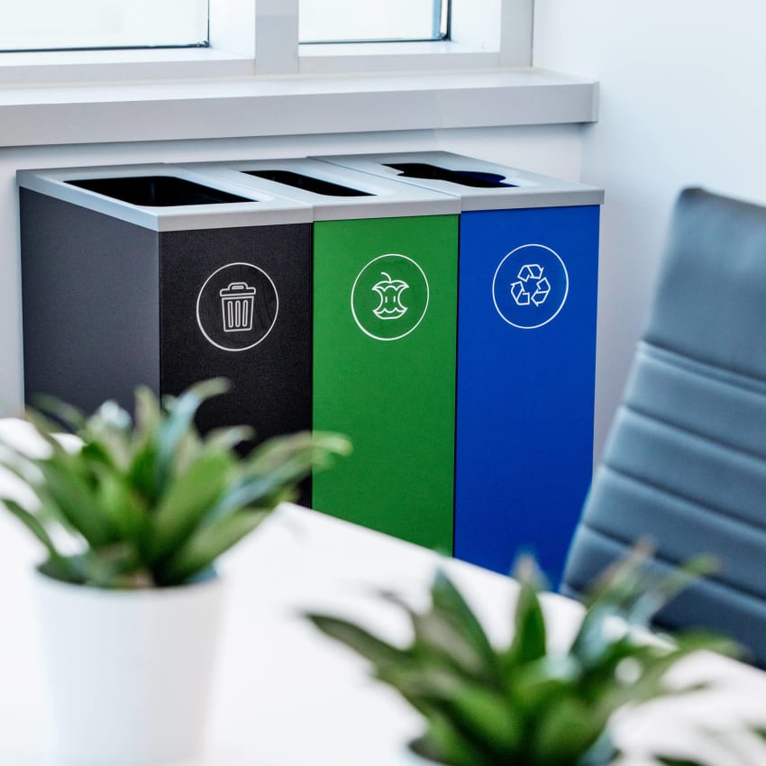 waste organics and recycling bins made from powder coated steel in a modern office meeting room