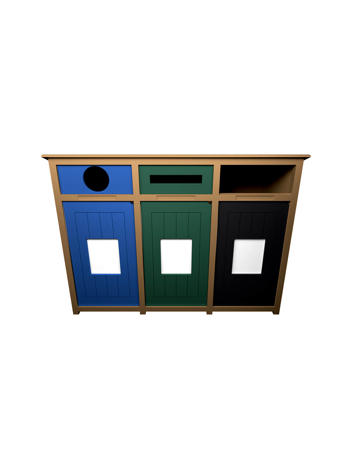 Busch Systems Aspyre Collection Aura Series triple in cedar with black blue and green doors and openings