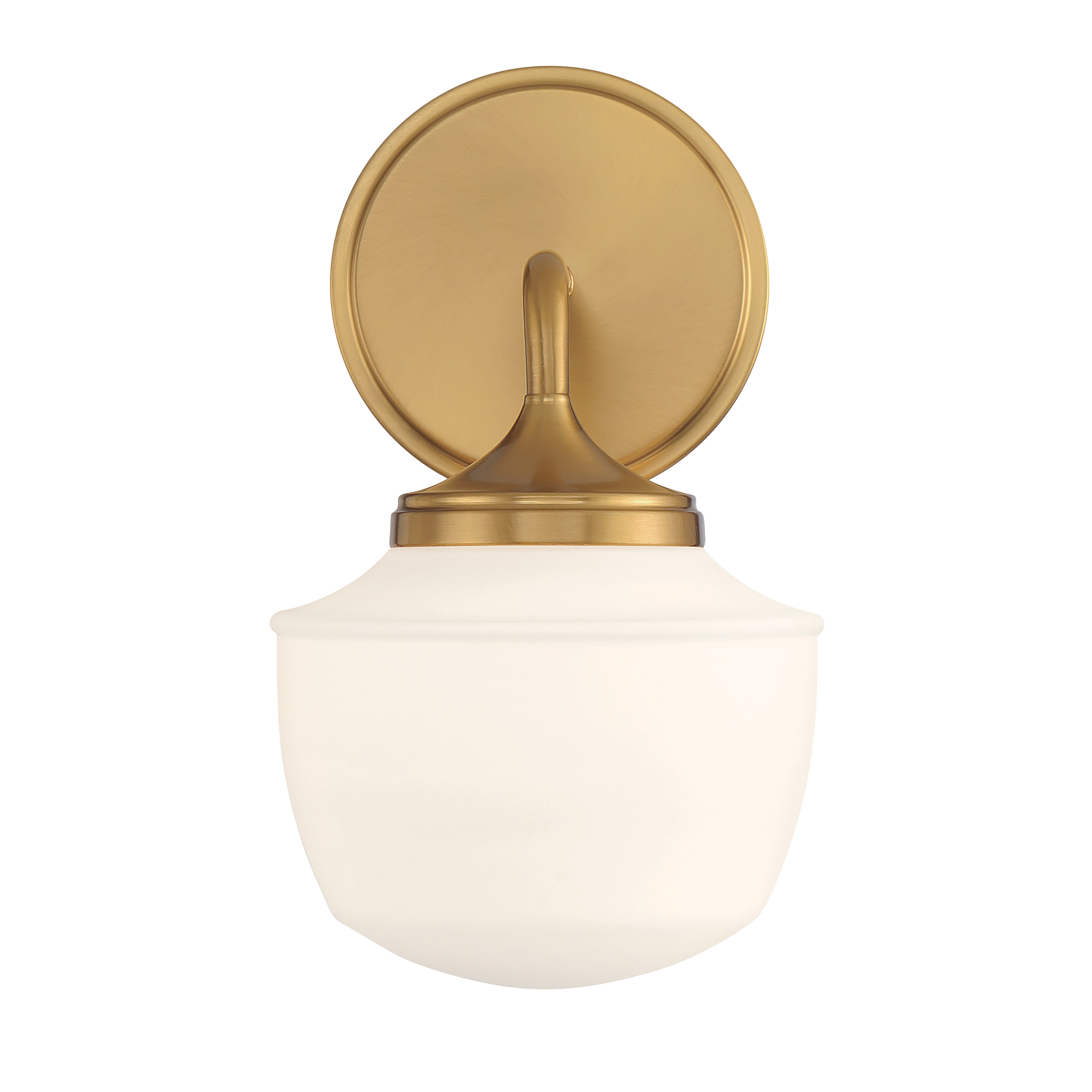 The Cornwell bath vanity combines modern simplicity with warm aged brass and soft etched opal glass. Its compact 6-inch width makes it ideal for smaller bathrooms or flanking mirrors in pairs. - alternate view
