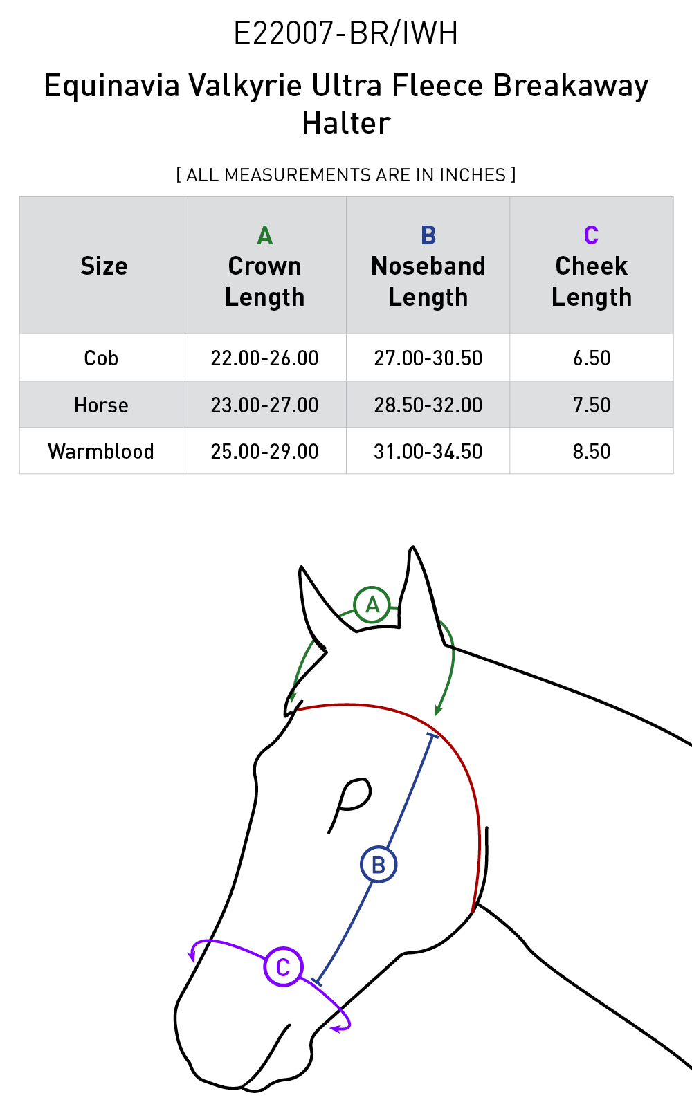 Size chart for Equinavia Valkyrie Ultra Fleece Breakaway Halter - Brown/Ivory White
