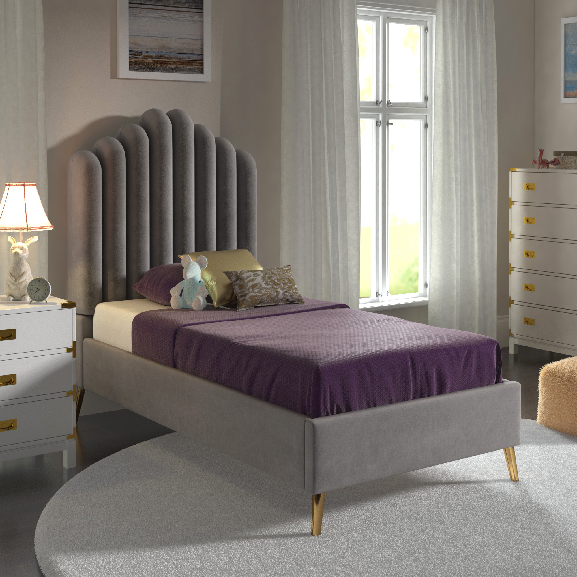 Art Deco Velvet Upholstered Platform Bed