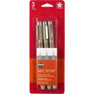 Pigma Micron Pens, Light Cool Gray, Assorted Sizes, 3-Piece Set, Blister Card