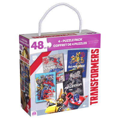 Transformers, 4-Pack 48-Piece Jigsaw Puzzles in Storage Box with Rope Handle, Transformers Puzzle, Transformer Toys, for Kids Ages 4 and up