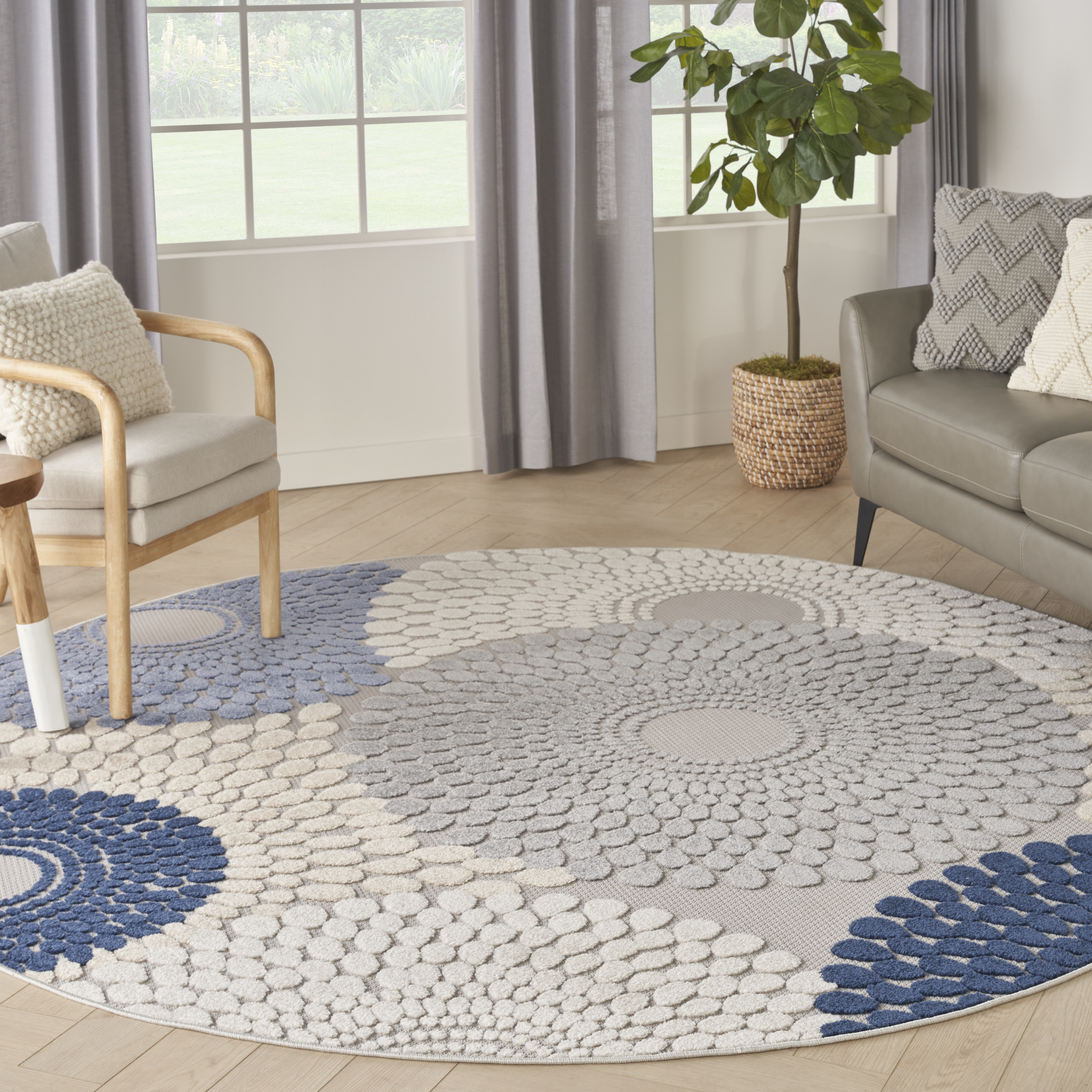 Nourison Aloha 7'10" x Round Blue Grey Modern Rug