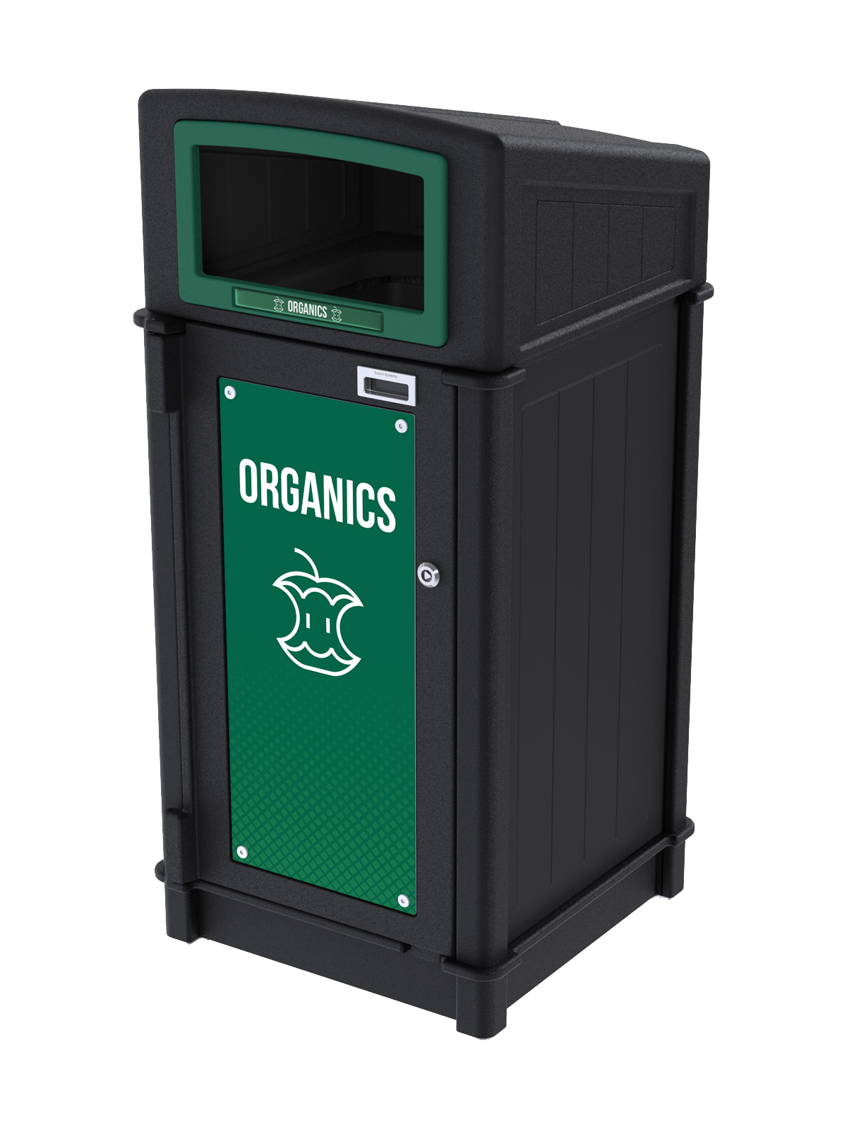 black recycled plastic organics container with sloped canopy lid for collecting compostable waste outdoors with stock sign and label