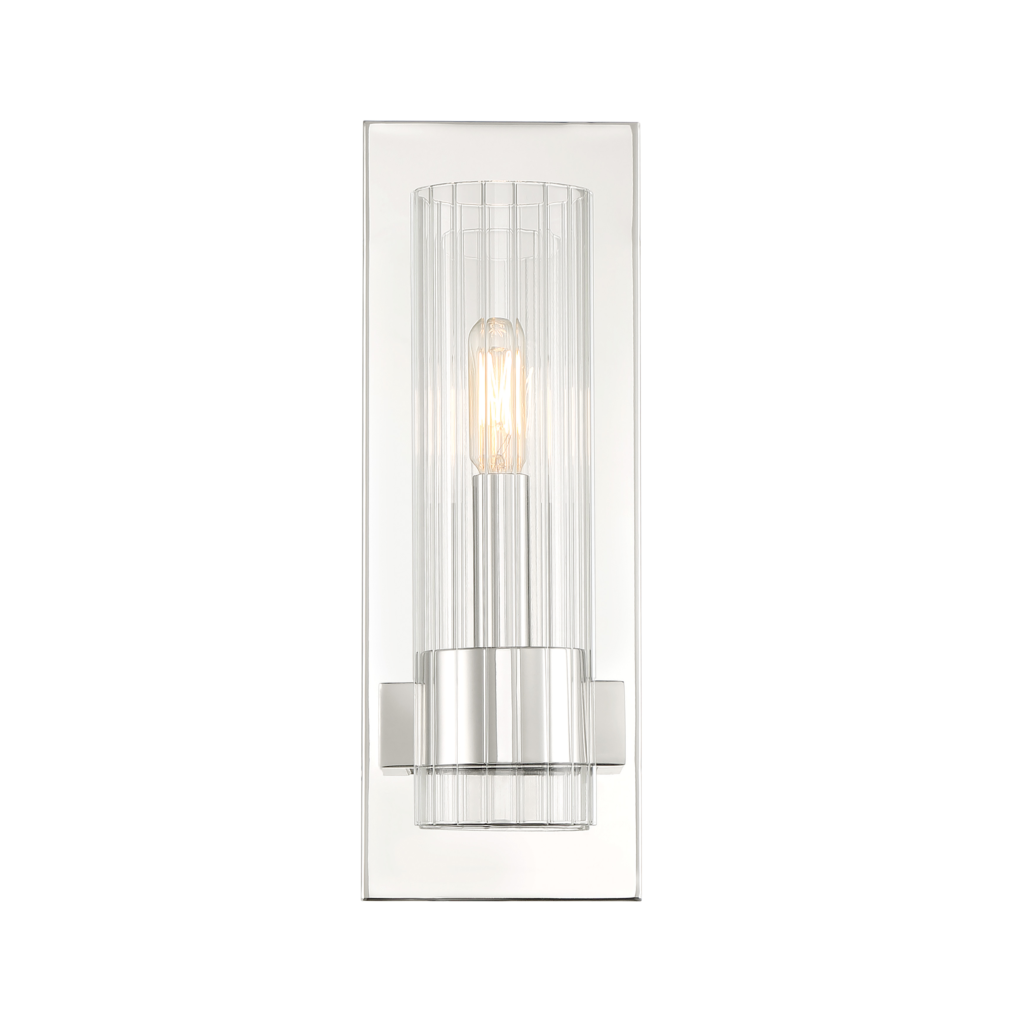 The Vernon Place bath sconce combines traditional ribbed glass with contemporary chrome finish for versatile bathroom lighting. Its compact 5-inch width makes it ideal for smaller vanities or flanking mirrors. - alternate view