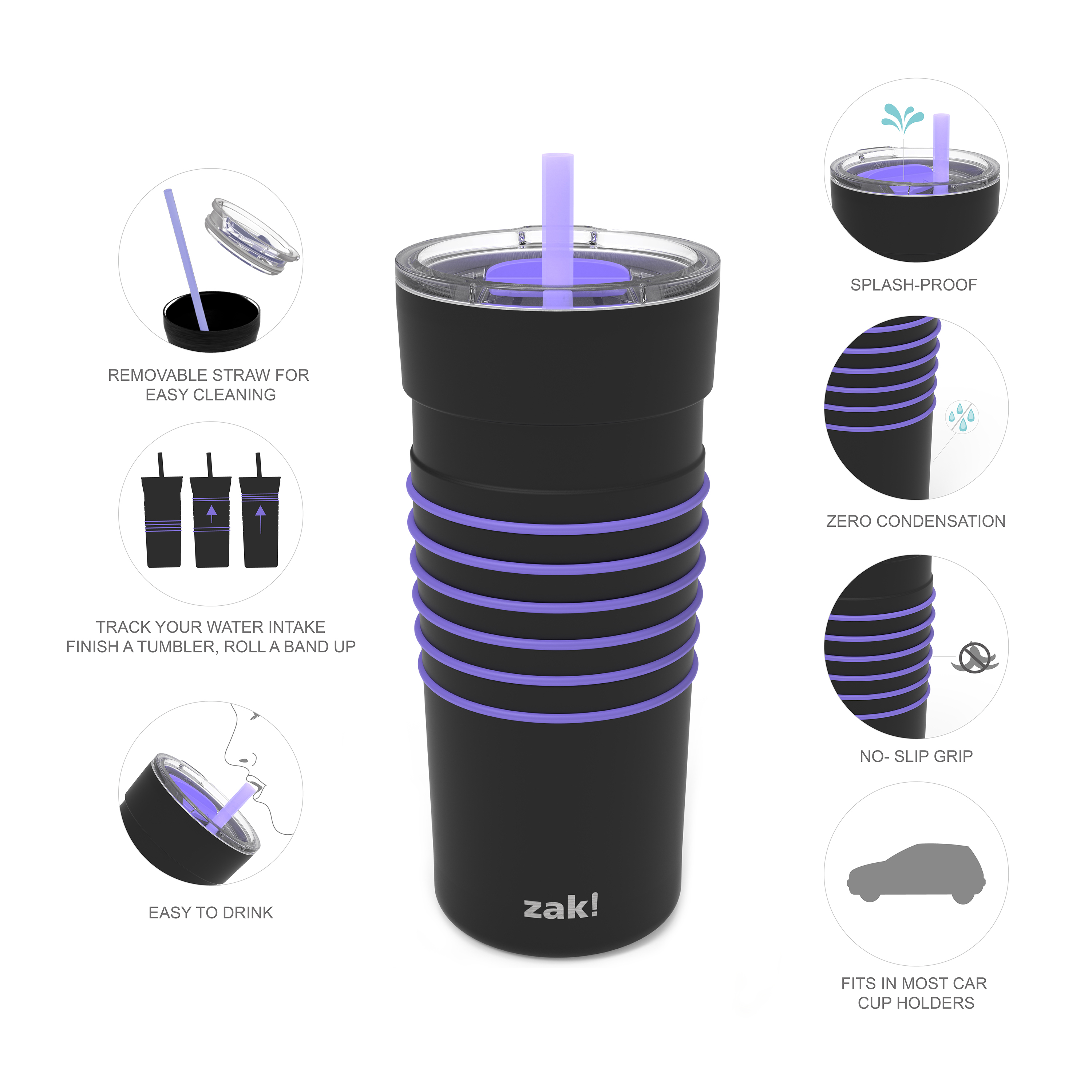 HydraTrak 20 ounce Vacuum Insulated Stainless Steel Tumbler, Black with Purple Rings slideshow image 8