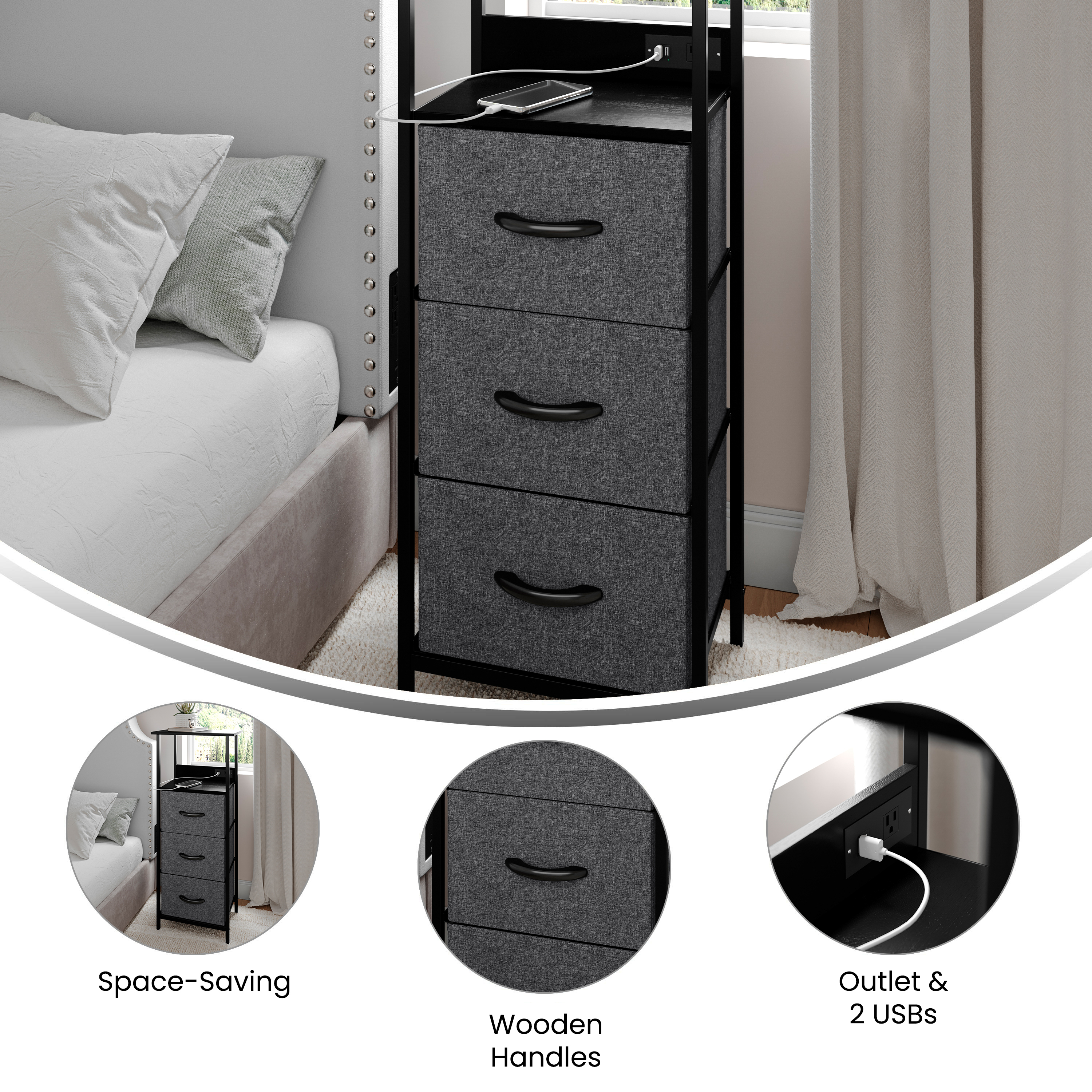 Sodano 3 Drawer Nightstand with Charging Station, 2 USB Ports, 1 Outlet, Blac... - Picture 4 of 25