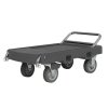 Flatbed utility dolly in dark gray with 6” pneumatic wheels, straps and chrome-plated handle