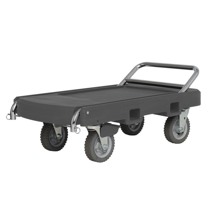 Flatbed utility dolly in dark gray with 6” pneumatic wheels, straps and chrome-plated handle