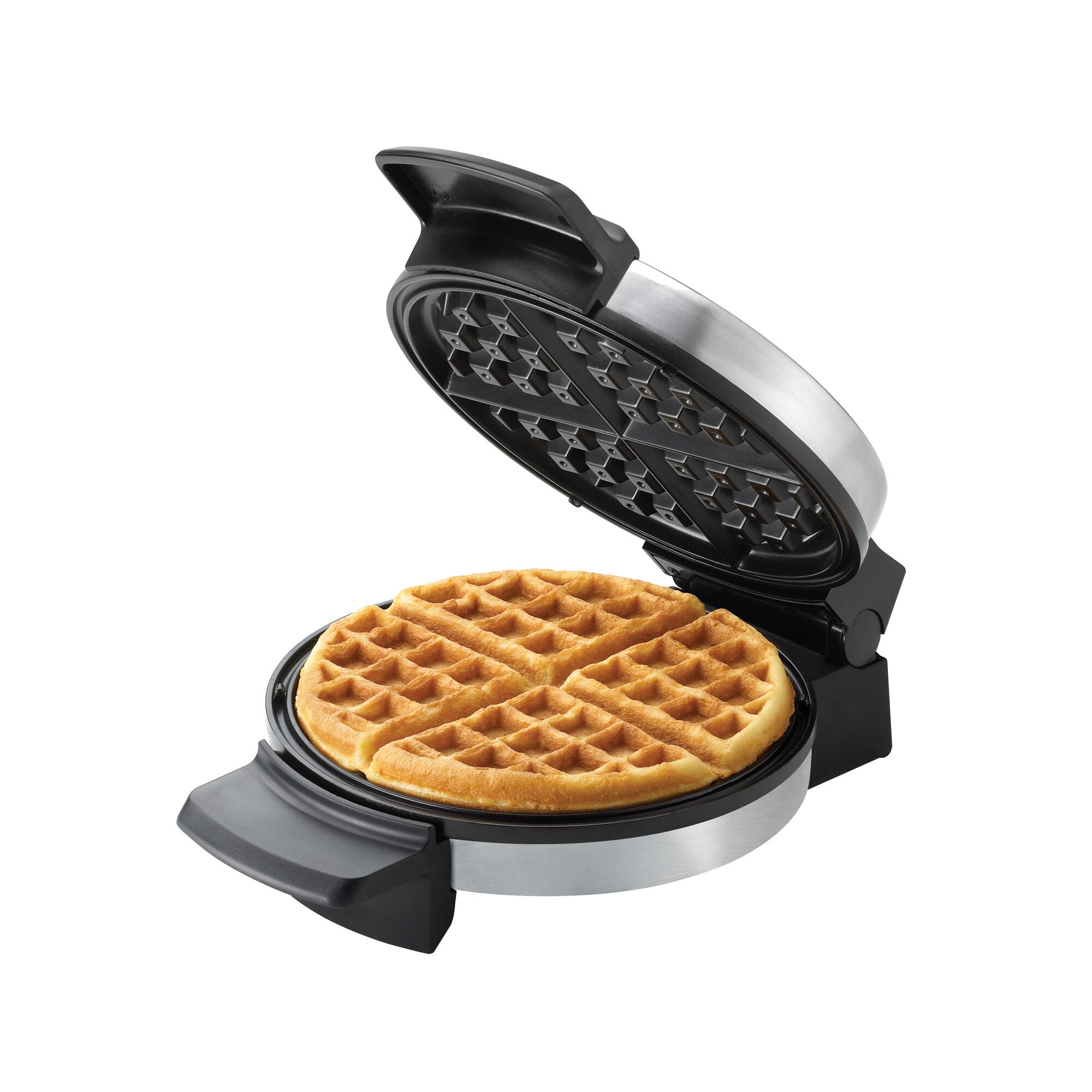 Belgian waffle maker with cooked waffle.