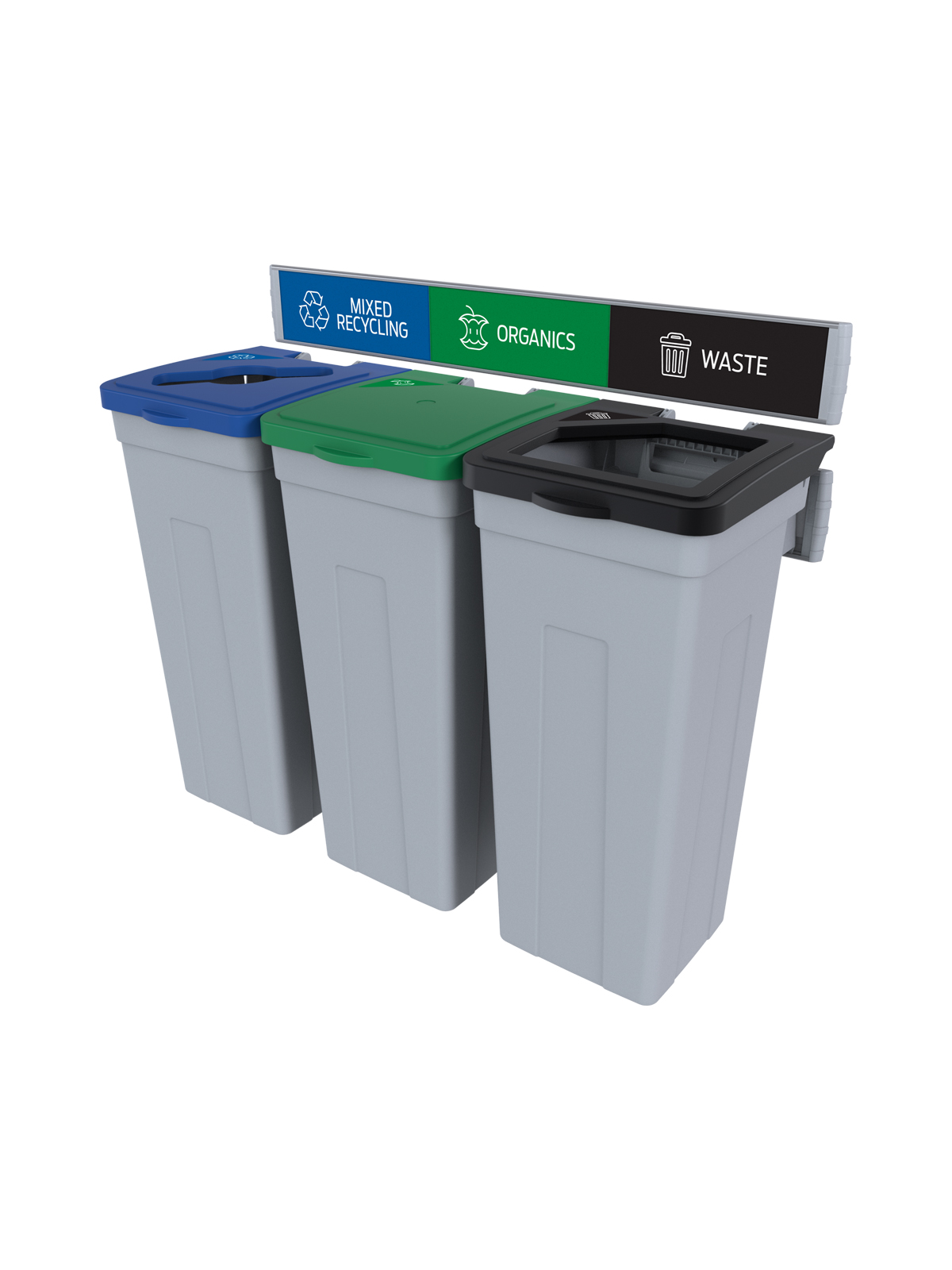 RISE – Triple – Kit – Mixed Recycling-Organics-Waste – Mixed-Solid Lift-Full – Grey-Blue-Green-Black