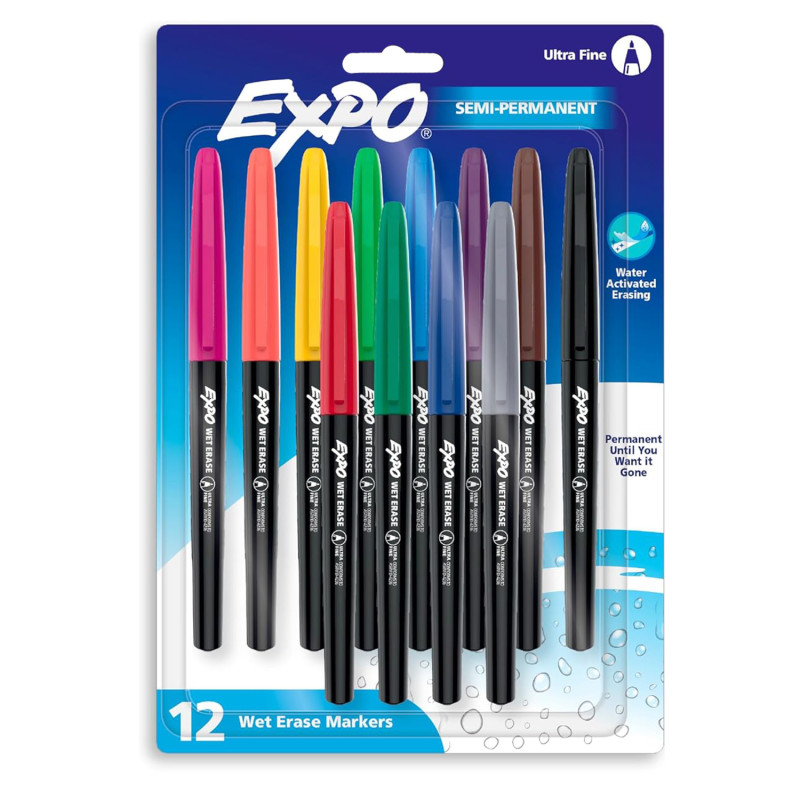 Vis-a-Vis Wet Erase Markers, Ultra Fine Point, Assorted, 12 Count
