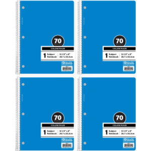 1-Subject Spiral Notebooks, College Ruled, 70 Count, Blue, 4-Pack