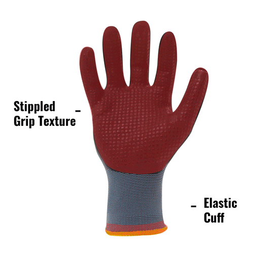 AX360 Dotted Grip Nitrile-dipped Work Gloves in Black and Gray AXDG-16 showing Stippled Grip Texture and Elastic Cuff