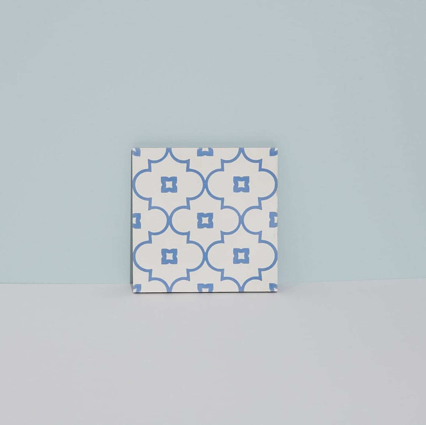 a blue and white tile on a blue background.