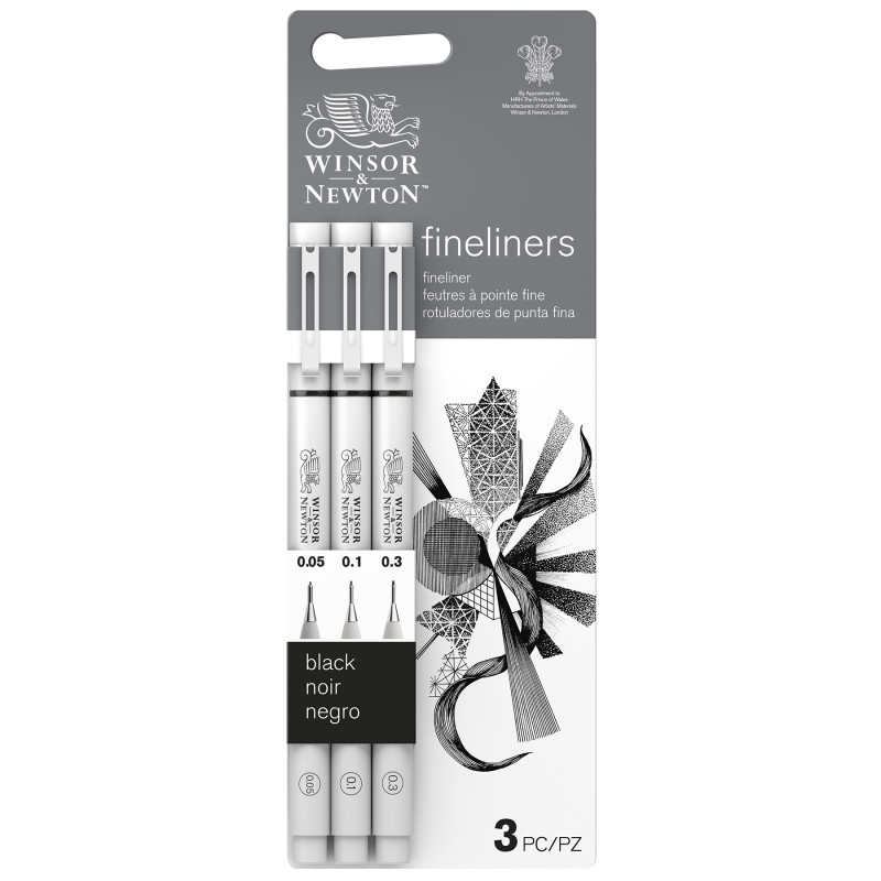 Fineliner Pens, Black, Assorted Sizes (0.05, 0.1, 0.3 mm), Set of 3