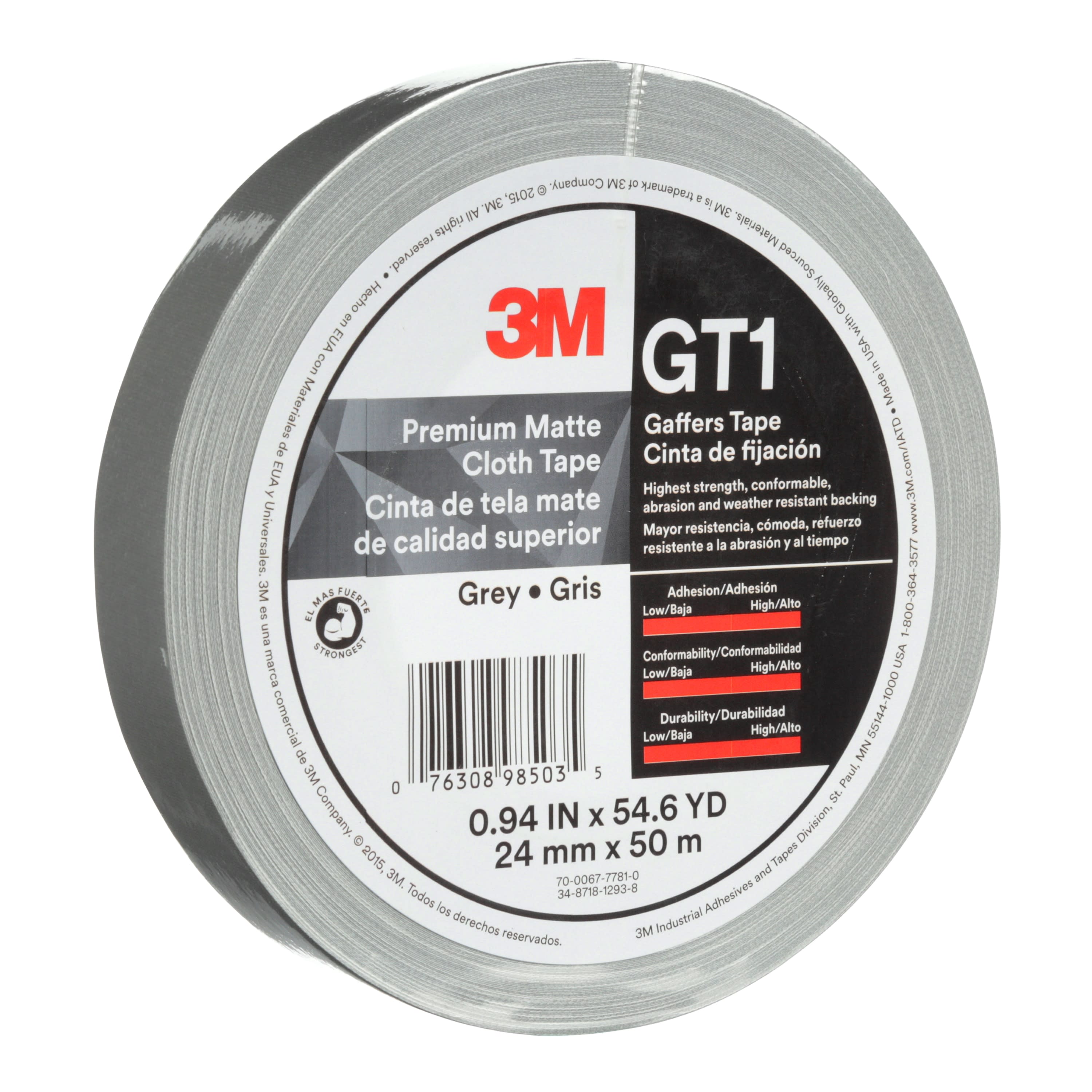 3M™ Premium Matte Cloth (Gaffers) Tape GT1, Gray, 24 mm x 50 m, 11 mil,
48 per case