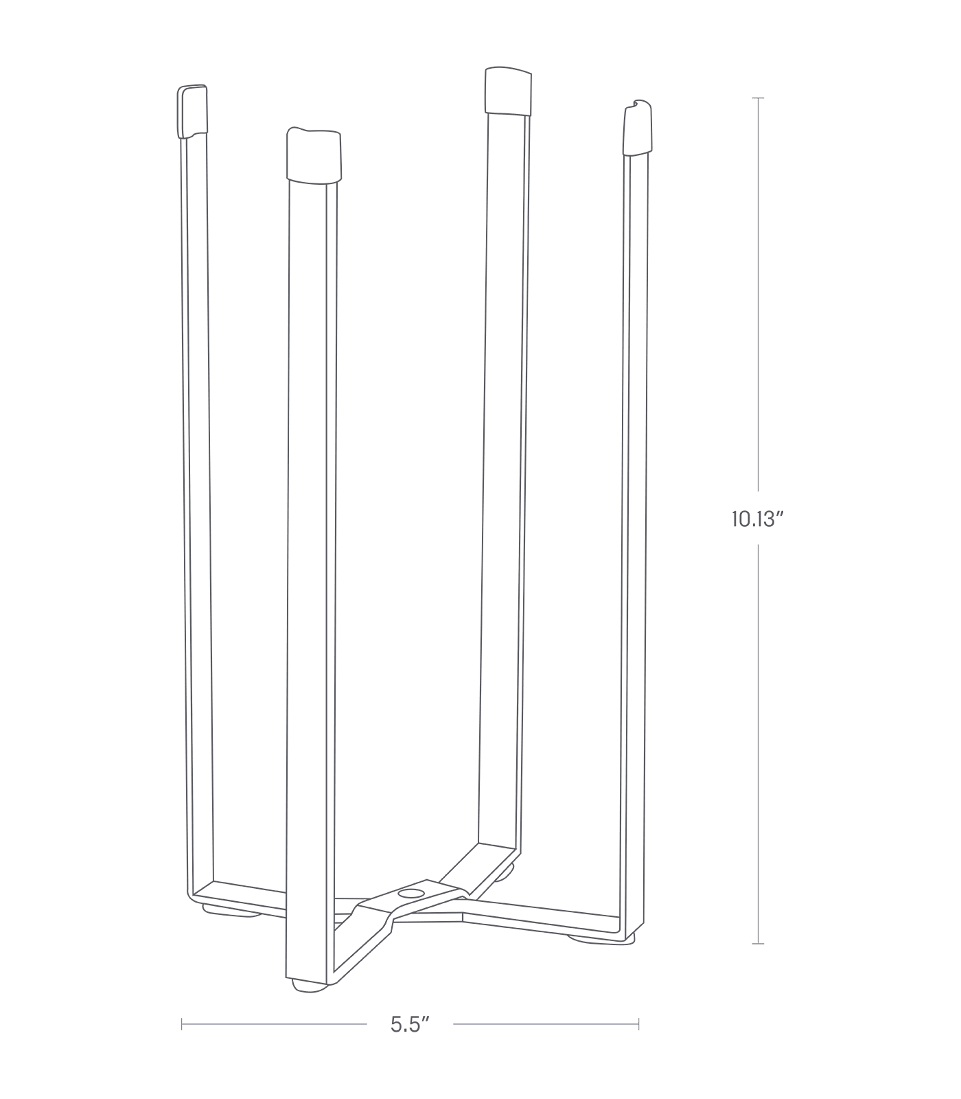 Image dimensionnelle du séchoir à bouteilles pliable sur fond blanc indiquant une hauteur de 10,13" et un diamètre inférieur de 5,5".